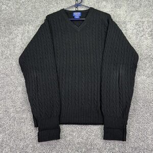Pendleton Sweater Mens Large Black Cable Knit Lambswool V Neck Pullover Winter
